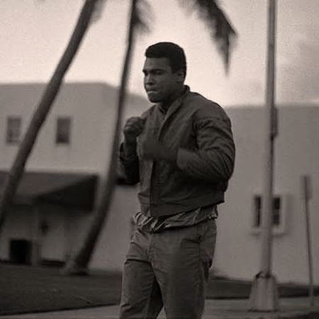 Black-and-white photo of a man in a short jacket, raising his fists on a street lined with palm trees