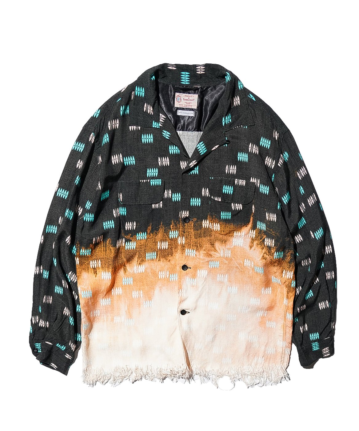 TOWNCRAFT ONE IN THE WORLD ATOMIC PRINTED LOOP COLLAR FRINGE SHIRT — printed loop-collar fringe shirt, one of a kind, upcycled