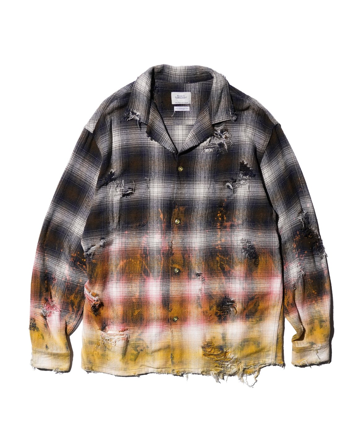 TOWNCRAFT ONE IN THE WORLD FLANNEL CHECK LOOP COLLAR LS SHIRT — navy ombre, hand-dyed, distressed flannel shirt, one of a kind, upcycled