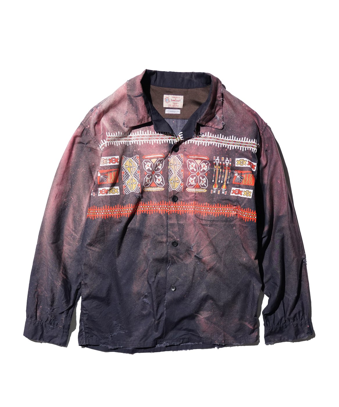 TOWNCRAFT ONE IN THE WORLD NATIVE PRINTED LOOP COLLAR SHIRT — native pattern band, hand-dyed, distressed shirt, one of a kind, upcycled