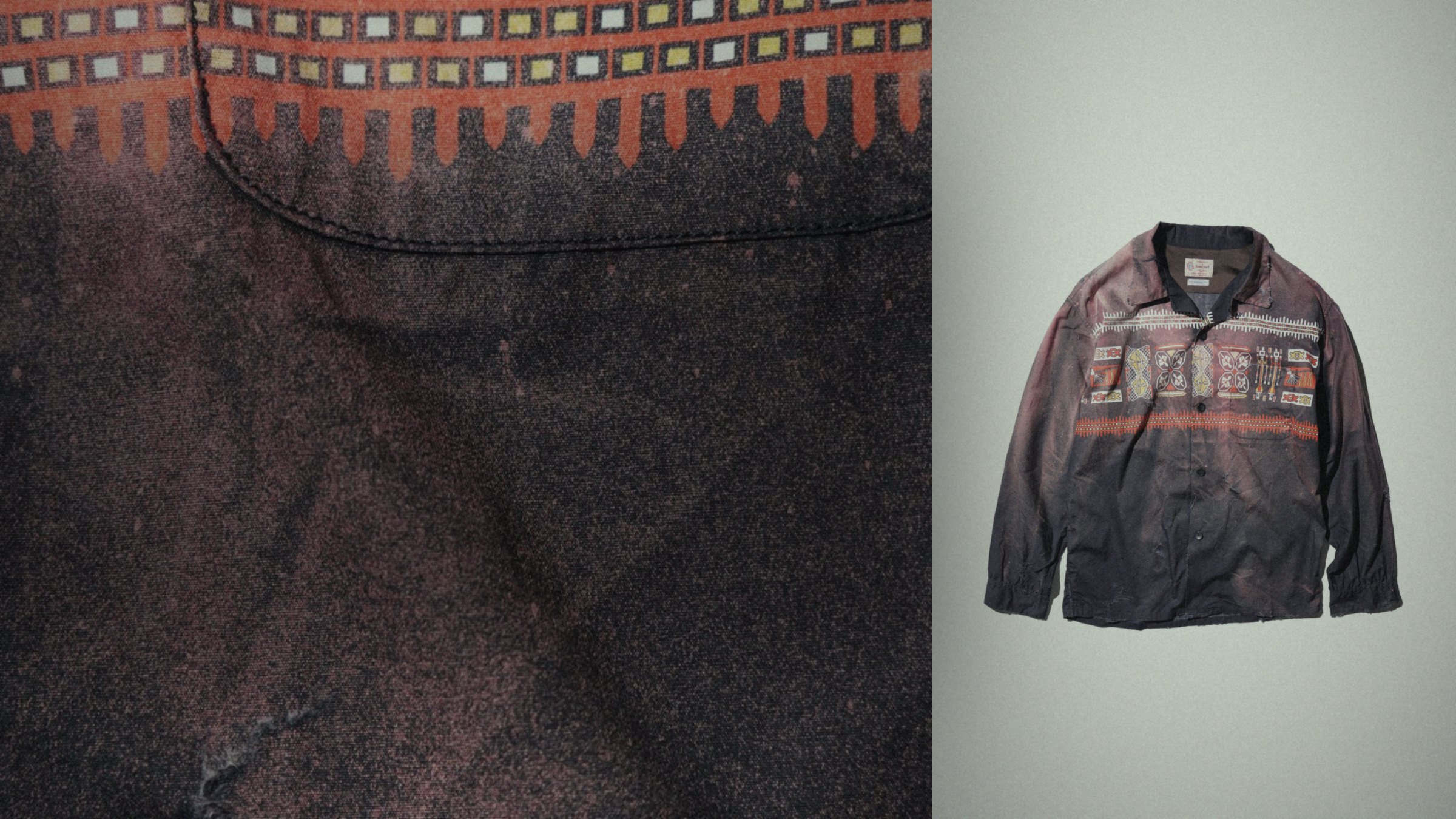 TOWNCRAFT ONE IN THE WORLD — hand-dyed native-pattern loop collar shirt, close-up and full view